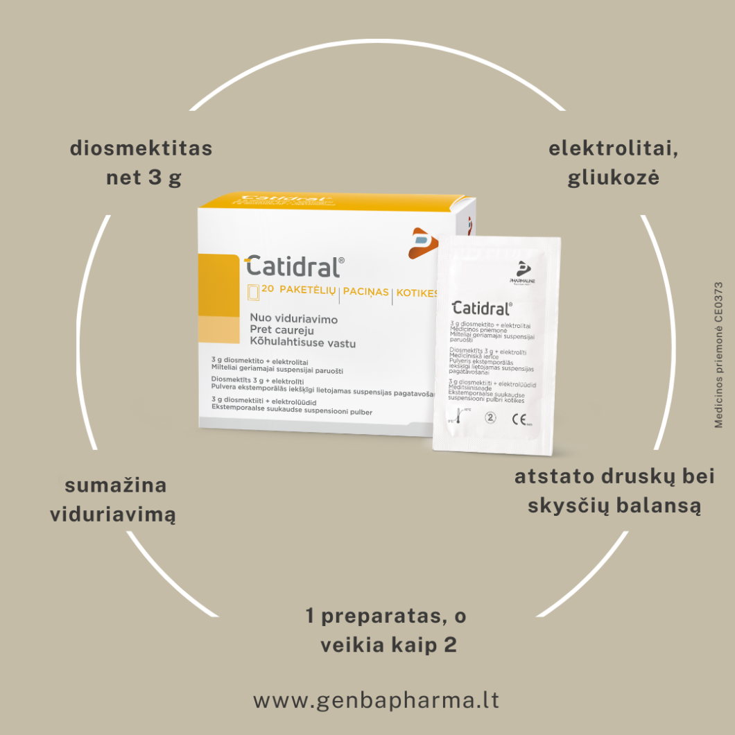 Milteliai nuo viduriavimo geriamajam tirpalui paruošti CATIDRAL, 20 vnt.