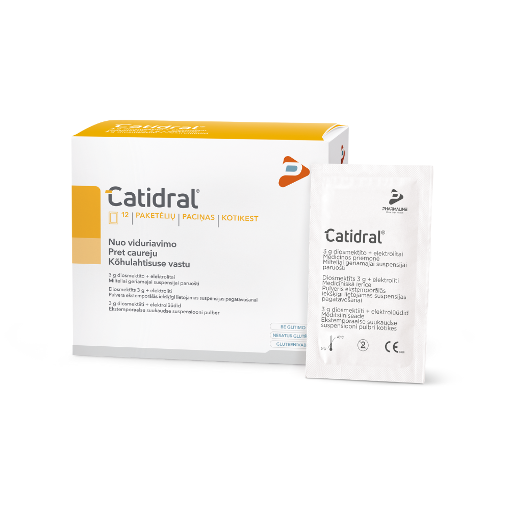 Pulveris dzeramā šķidruma sagatavošanai pret caureju CATIDRAL, 12 gab.