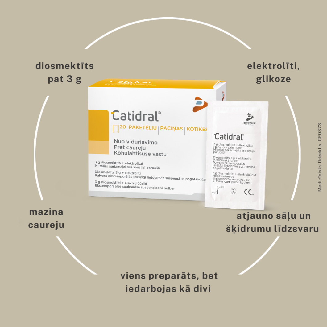 Pulveris dzeramā šķidruma sagatavošanai pret caureju CATIDRAL, 20 gab.
